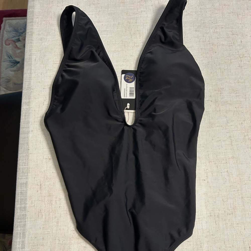NEW Womens Retro Deep V Neck Black One Piece Swim Suit Medium